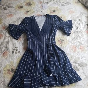 WAYF Navy Striped Wrap Dress